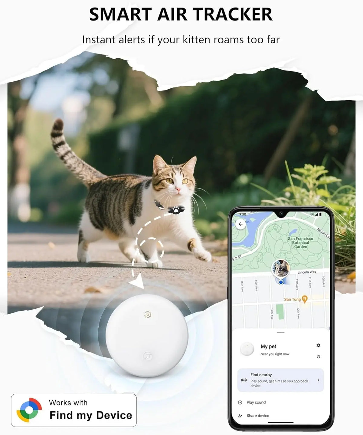 Bluetooth Cat & Dog Tracker Collar — Google Find My Compatible, Anti-Lost Pet Locator (Android Only)