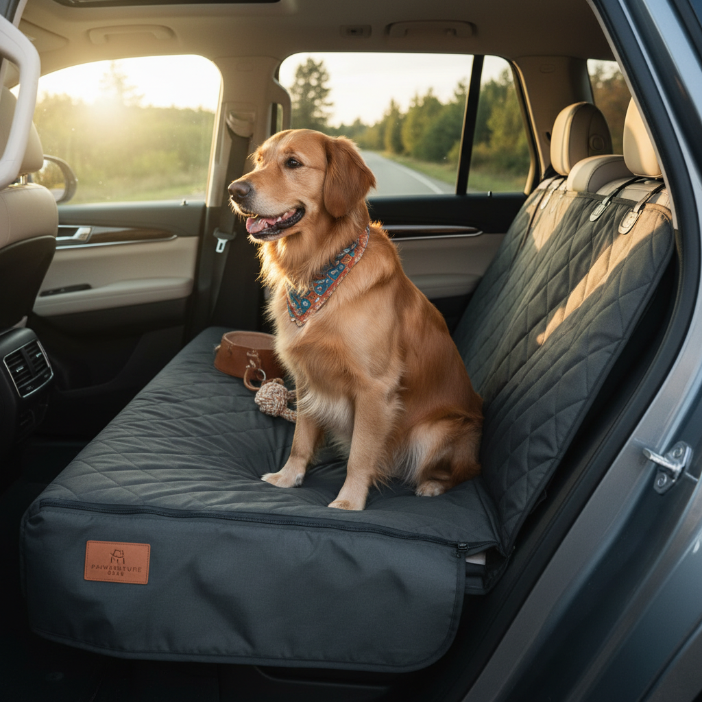 Dog relaxing on car seat cover during road trip